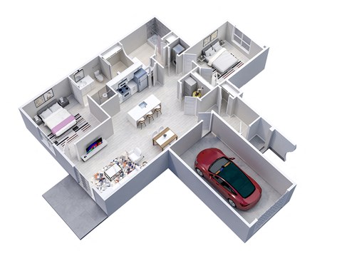 3D floor plan of 2-Bedroom, 2-Bath Lower Apartment with 1-Car Garage (1093 sq ft)